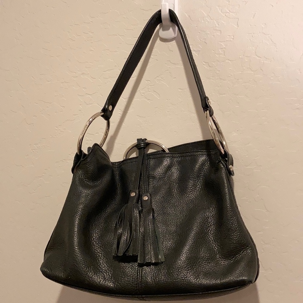 Alfani Black Leather magnetic close and flap over shoulder bag fringe and silver - Picture 4 of 15